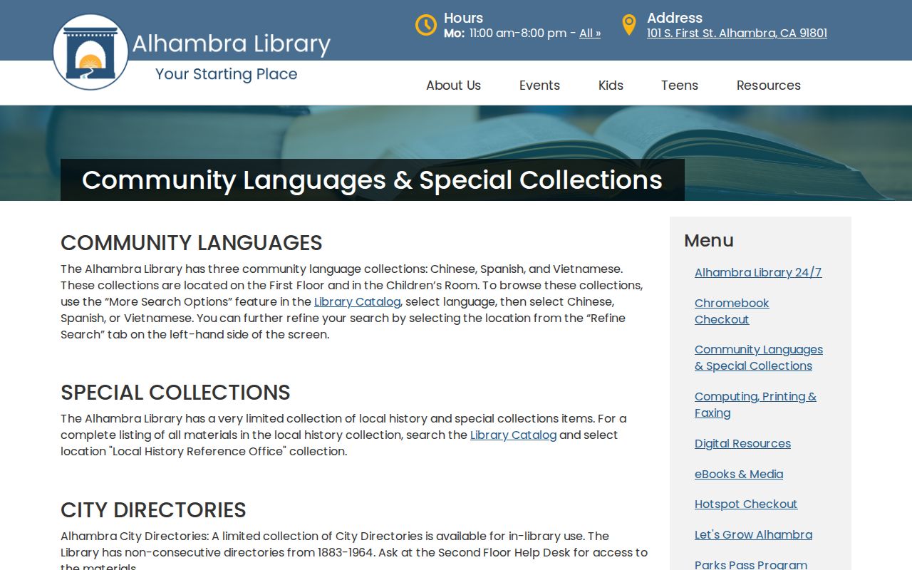 Alhambra Library special collections page with city directory holdings