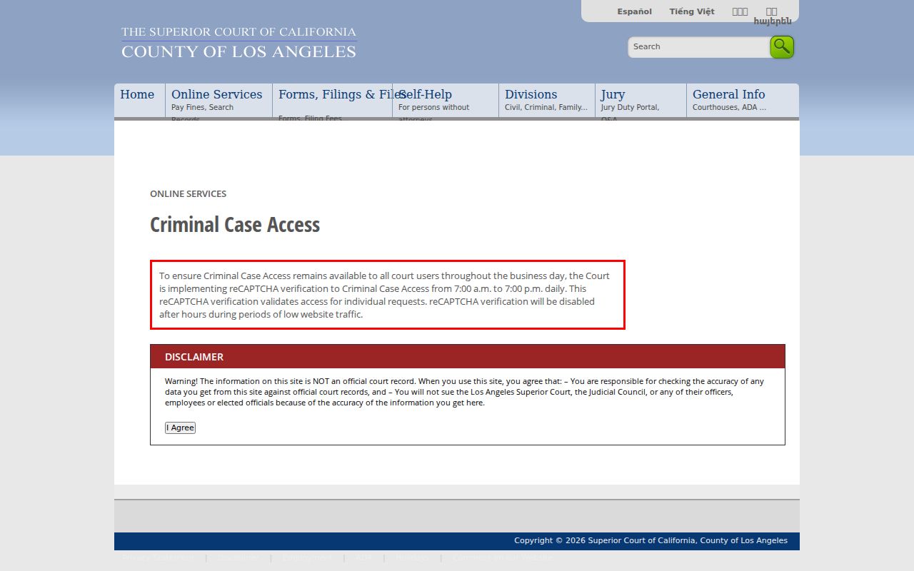 Los Angeles Superior Court criminal defendant search access page