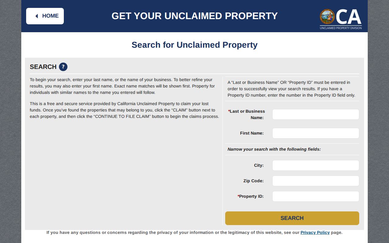 California State Controller unclaimed property claim search portal