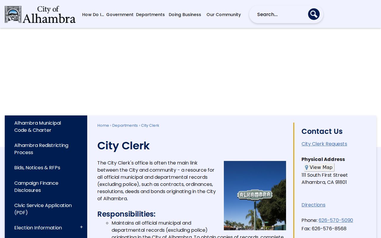 Alhambra City Clerk records page for municipal records and request routing