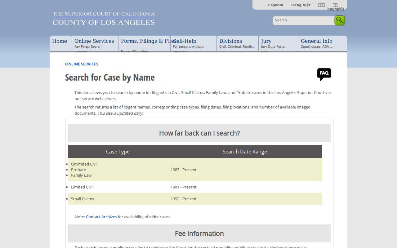 Los Angeles Superior Court civil name search for civil family probate and small claims cases
