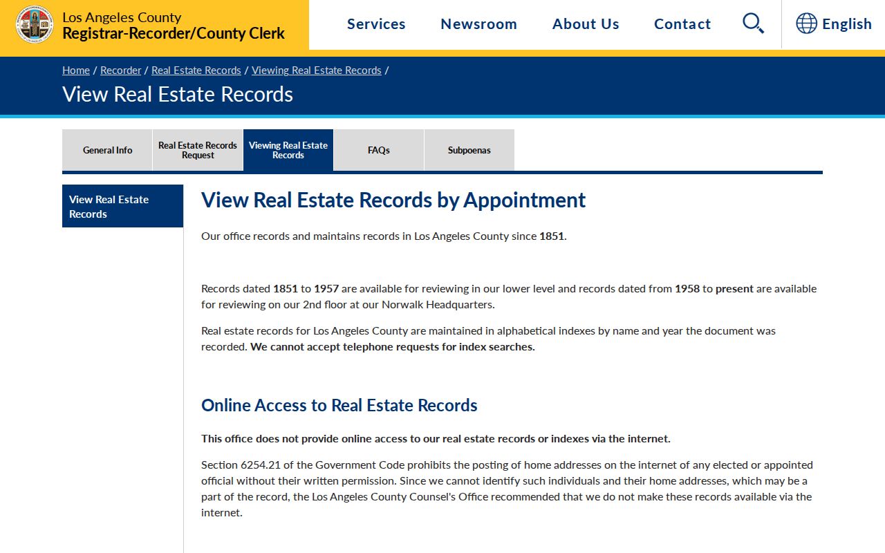 Los Angeles County RRCC real estate records viewing page with in-person index details