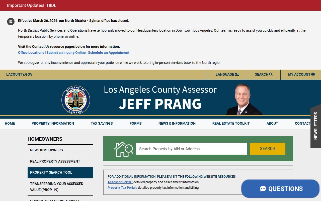 Los Angeles County Assessor property search entry page for parcel research