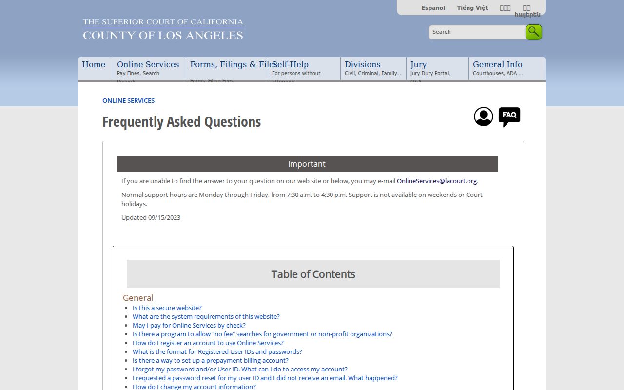 Alhambra records Los Angeles Superior Court online services FAQ screenshot