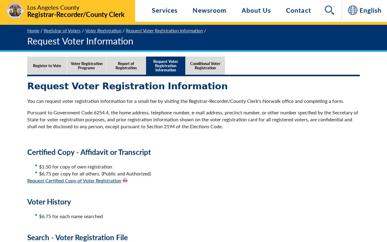 Alhambra voter registration records Los Angeles County voter information request page