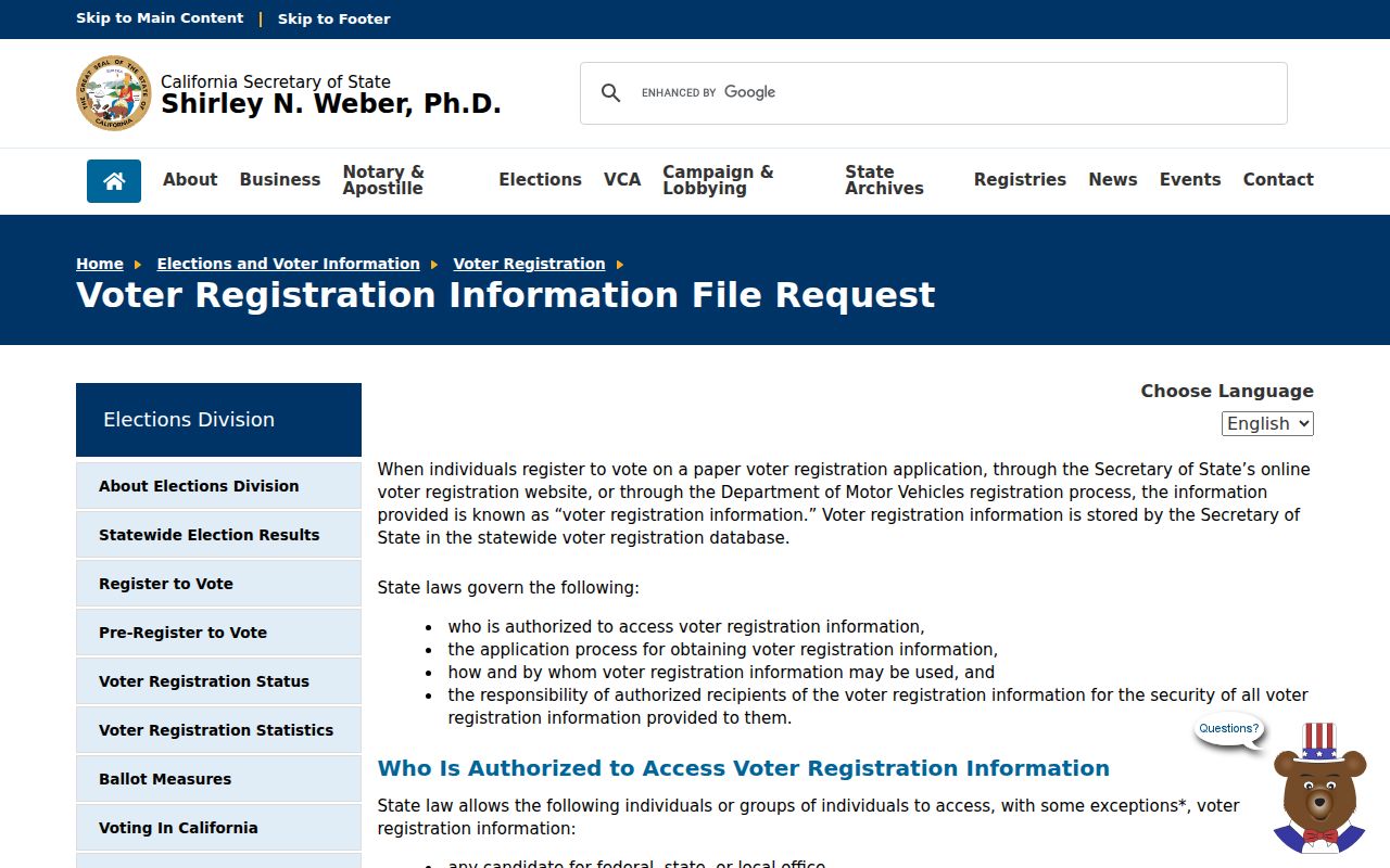 Alhambra voter registration records California voter file request page